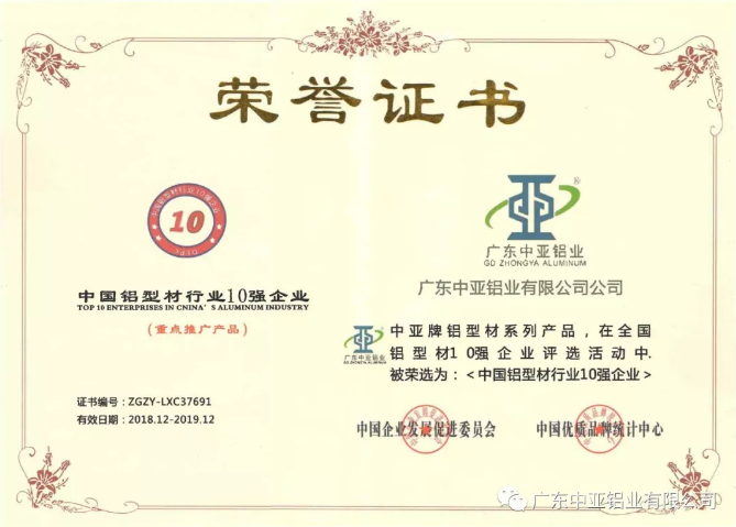 為“中國制造2025”加把勁！中亞鋁業(yè)榮獲“中國鋁型材行業(yè)10強企業(yè)”稱號(圖2)